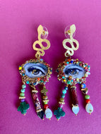 Eye earrings with ancient turquoise beads, heart in rock crystal, silver 925, coral