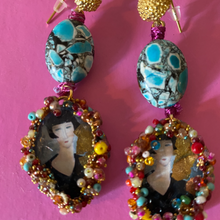 Load image into Gallery viewer, Colorful earrings with portrait of Anna Achmatova painted by Modigliani
