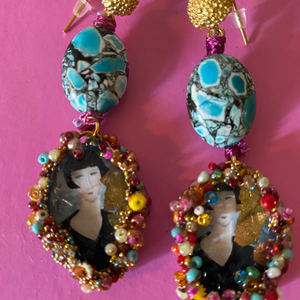 Colorful earrings with portrait of Anna Achmatova painted by Modigliani