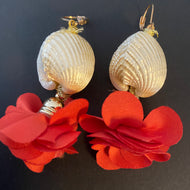 Summer earrings  with a light white shell red flower in fabric