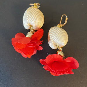 Summer earrings  with a light white shell red flower in fabric