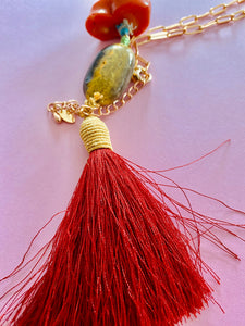 Sautoir in yellow Jasper and Coral Bamboo