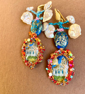 Earrings with  Crysocolla and painting of Vincent Van Gogh the church  of Angers