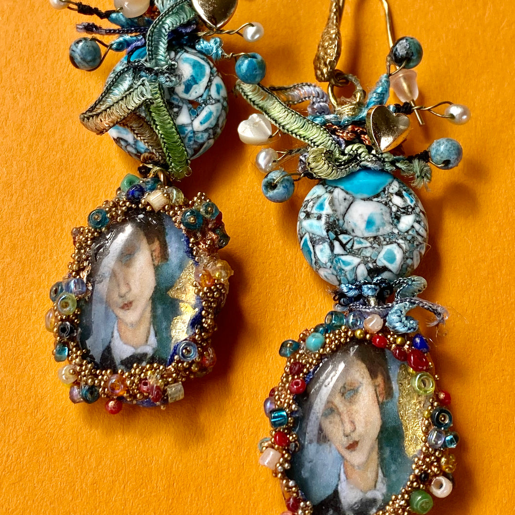 Turquoise earrings  with painting of Modigliani