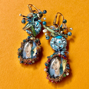 Turquoise earrings  with painting of Modigliani