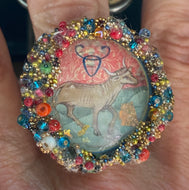Adjustable glass ring with image of medieval zodiac signs. Taurus The bull (April 20 - May 20)