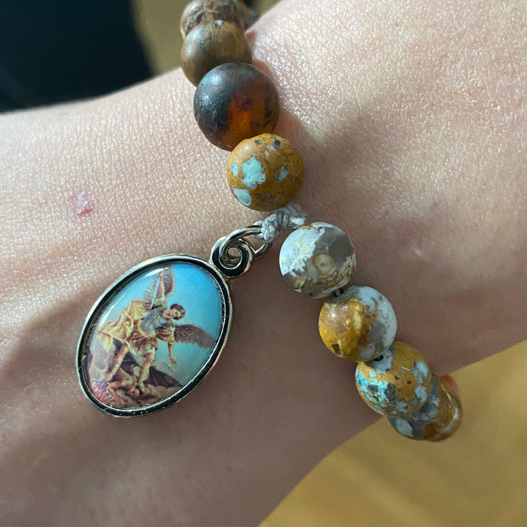 Bracelet with beads in stones with pendent with image of Archangel Michael