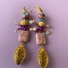 Load image into Gallery viewer, Long earrings  with golden drop, pink opal stone, horn pearl, mother of pearl
