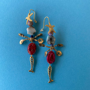 Long earrings with fishes and Larimar  stone