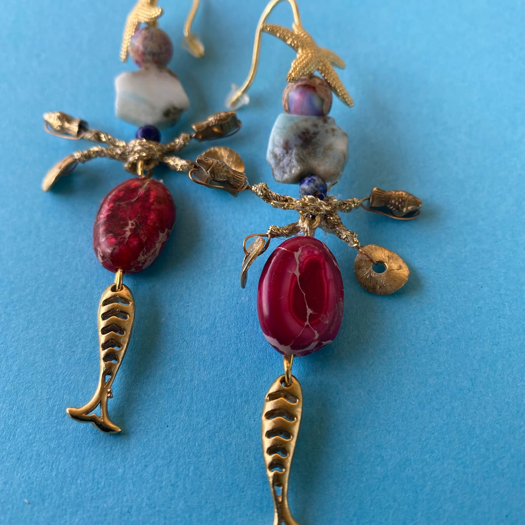 Long earrings with fishes and Larimar  stone