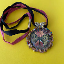 Load image into Gallery viewer, Necklace with glass pendent with  beautiful yellow butterfly and silk ribbon
