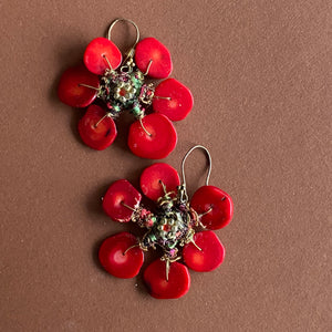 Earrings red  flowers  in motherpora (family of coral  and silver 925